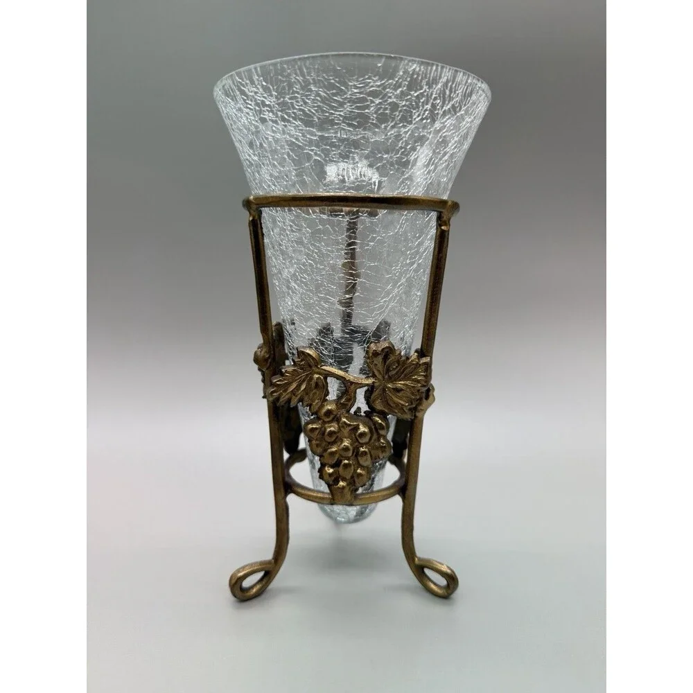 Vtg Pier 1 Hollywood Regency Crackle Glass Trumpet Vase Footed Brass Grape Stand